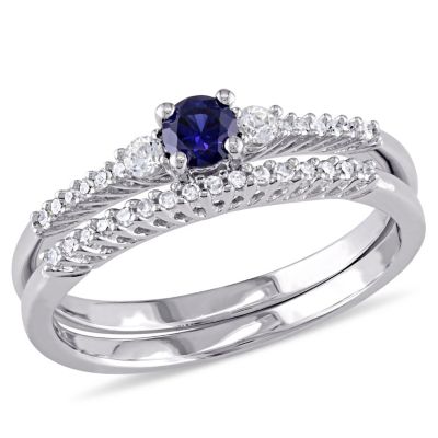 Belk & Co Lab Created 1/3 ct. t.g.w. Blue and White Sapphire and 1/10 ct. t.w. Diamond Bridal Ring Set in Sterling Silver, 8.5