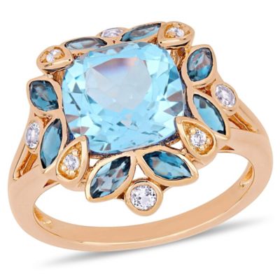Belk & Co 4.81 ct. t.g.w. Sky Blue Topaz, London Blue Topaz and White Topaz Floral Ring in Rose Plated Sterling Silver, Pink, 6.5