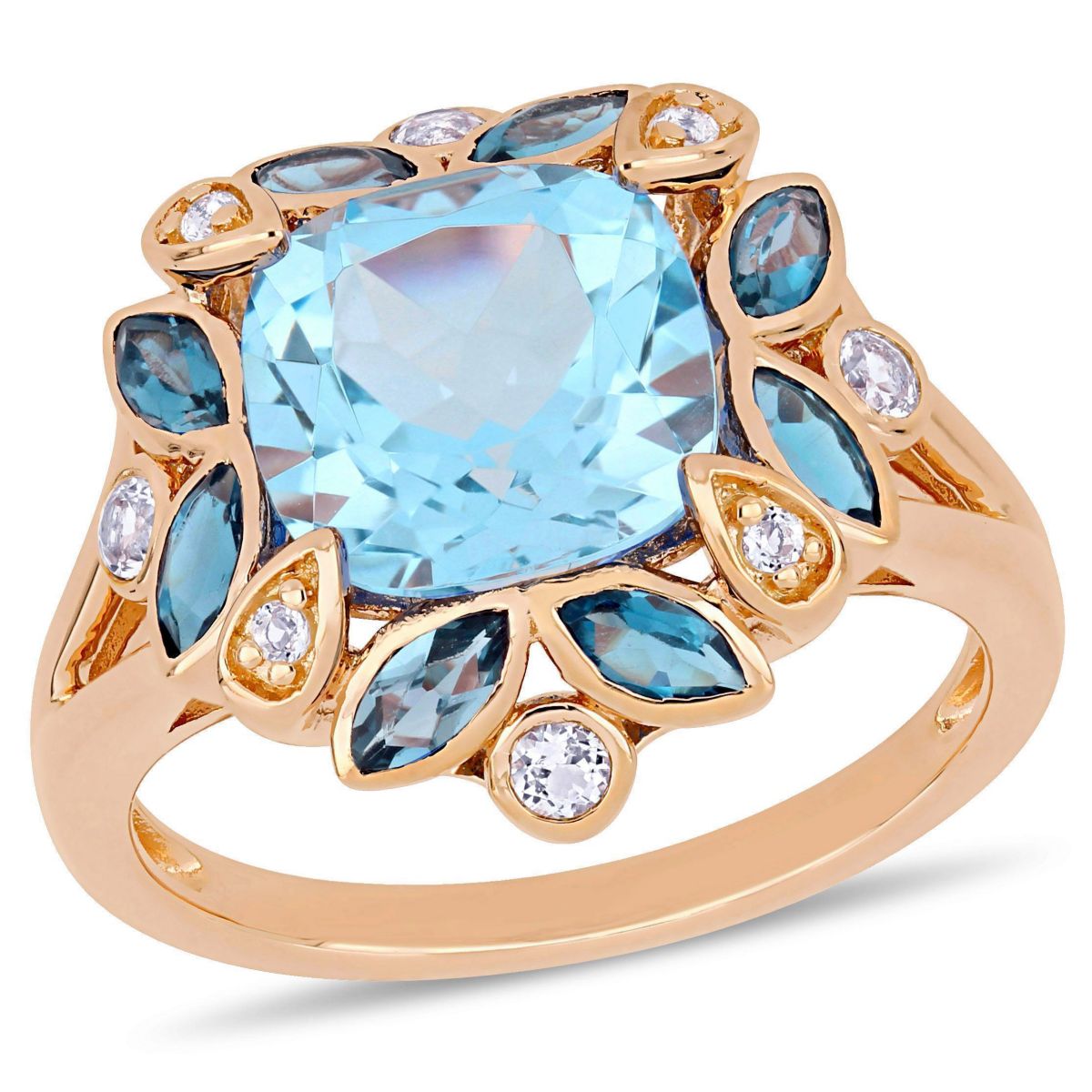 4.81 ct. t.g.w. Sky Blue Topaz, London Blue Topaz and White Topaz Floral Ring in Rose Plated Sterling Silver