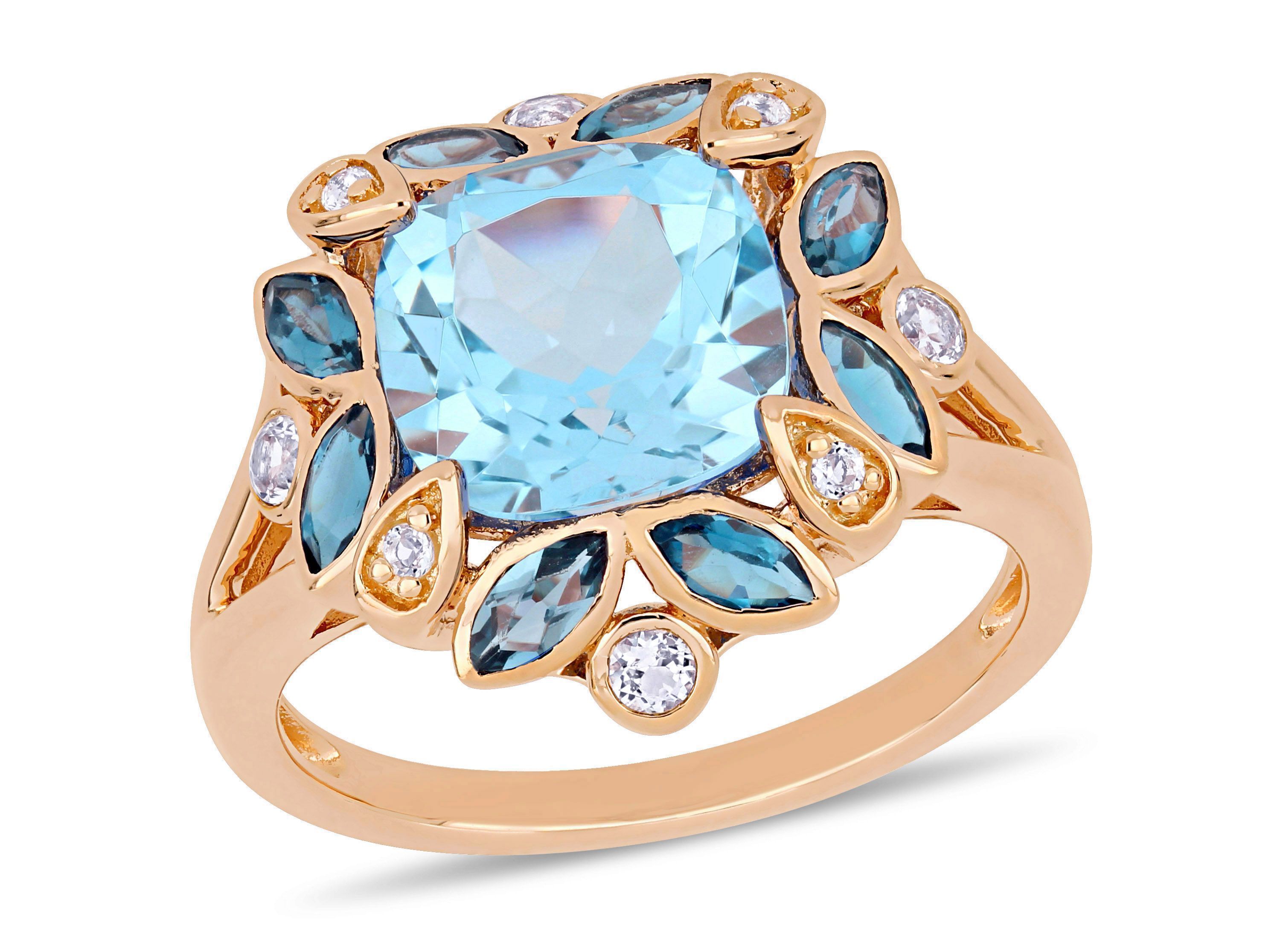 4.81 ct. t.g.w. Sky Blue Topaz, London Blue Topaz and White Topaz Floral Ring in Rose Plated Sterling Silver