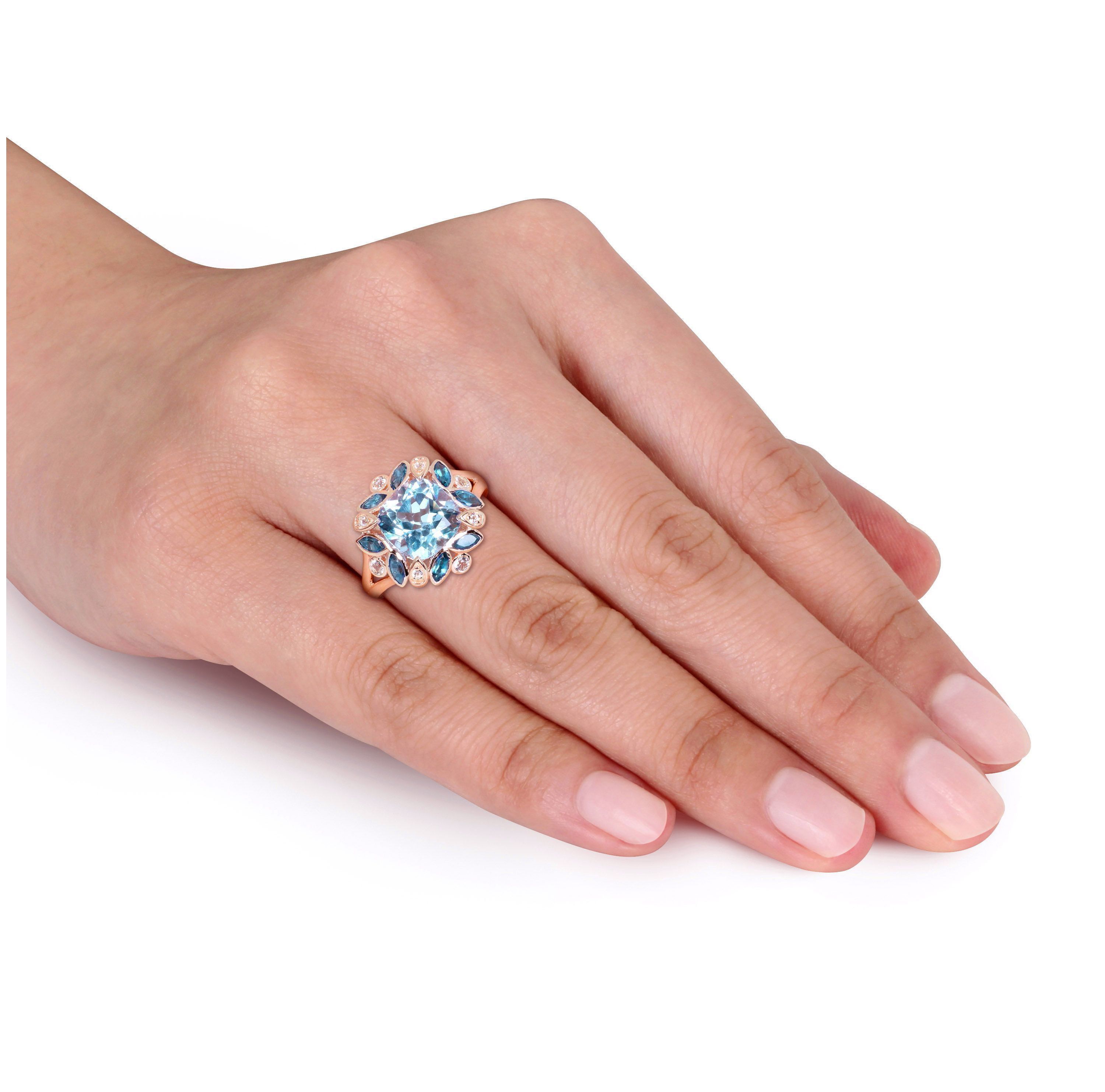 4.81 ct. t.g.w. Sky Blue Topaz, London Blue Topaz and White Topaz Floral Ring in Rose Plated Sterling Silver