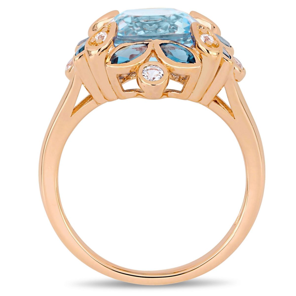 4.81 ct. t.g.w. Sky Blue Topaz, London Blue Topaz and White Topaz Floral Ring in Rose Plated Sterling Silver