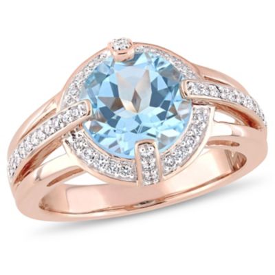 3 ct. t.g.w. Sky Blue Topaz and 1/3 t.w. Diamond Halo Cocktail Ring 14K Rose Gold