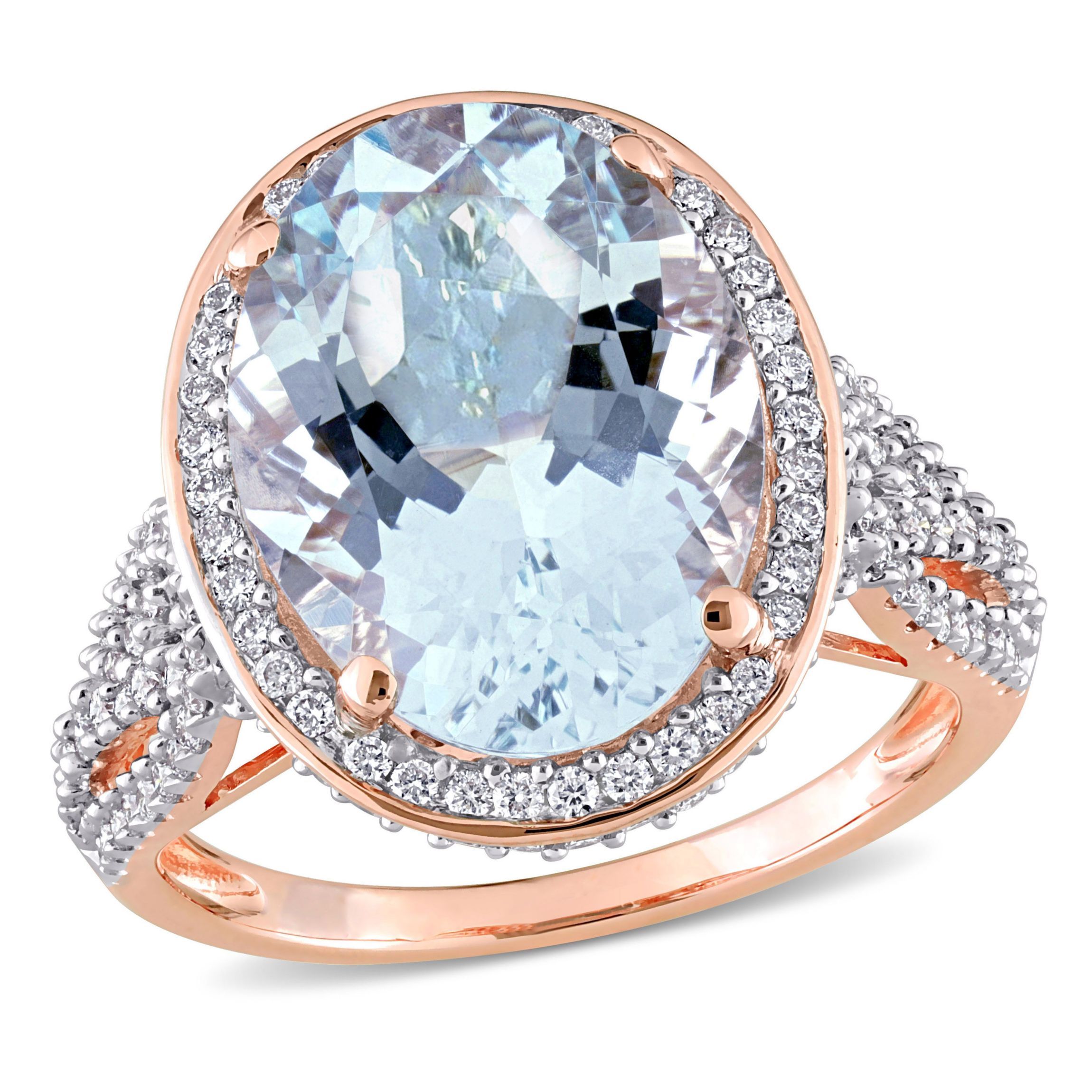 30.7 ct. t.g.w. Aquamarine and 7/8 ct. t.w. Diamond Halo Cocktail Ring in 14K Rose Gold