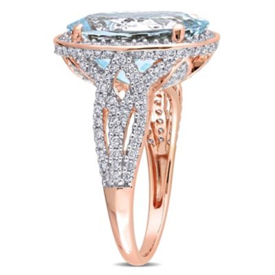 30.7 ct. t.g.w. Aquamarine and 7/8 t.w. Diamond Halo Cocktail Ring 14K Rose Gold