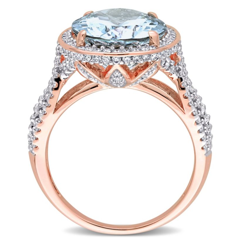 30.7 ct. t.g.w. Aquamarine and 7/8 ct. t.w. Diamond Halo Cocktail Ring in 14K Rose Gold