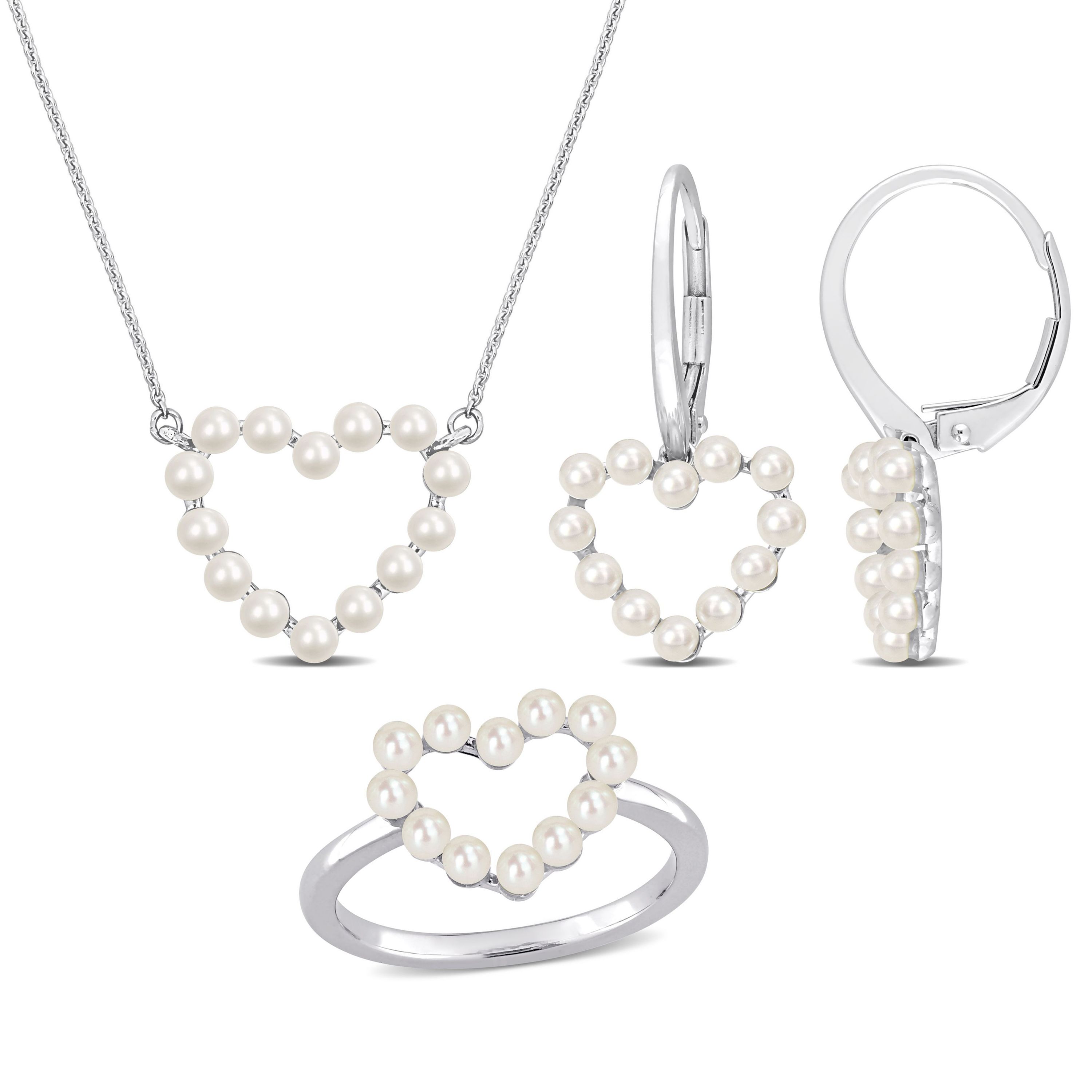 3-Pcs Set of White Freshwater Cultured Pearl Open Heart Ring, Earring and Pendant with Chain in 14K White Gold