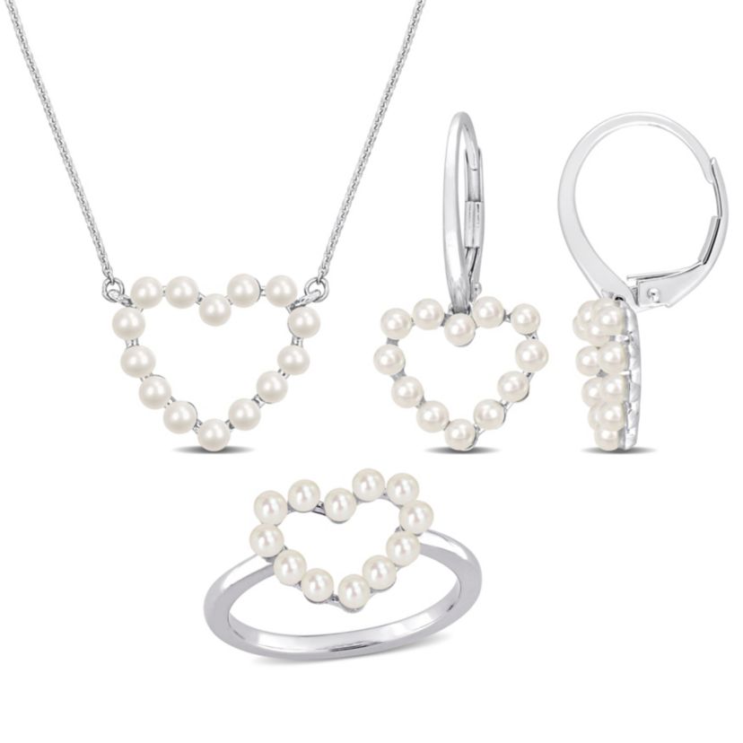3-Pcs Set of White Freshwater Cultured Pearl Open Heart Ring, Earring and Pendant with Chain in 14K White Gold