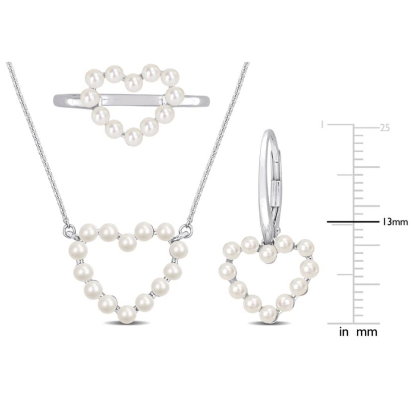 3-Pcs Set of White Freshwater Cultured Pearl Open Heart Ring, Earring and Pendant with Chain in 14K White Gold