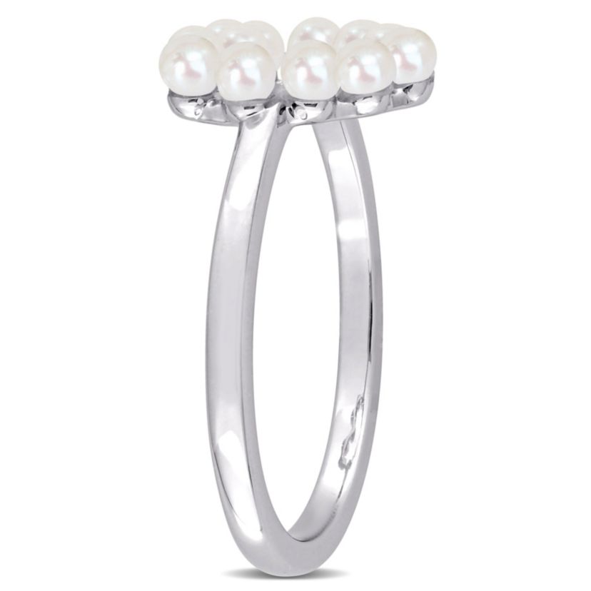 3-Pcs Set of White Freshwater Cultured Pearl Open Heart Ring, Earring and Pendant with Chain in 14K White Gold