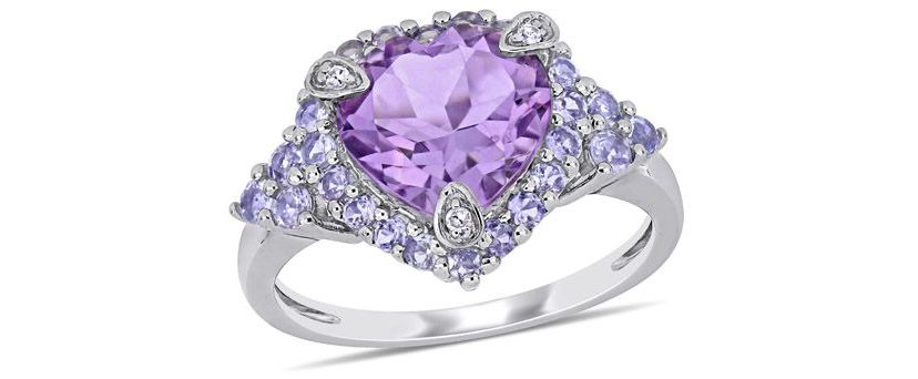 Amethyst, Tanzanite and 1/10 ct. t.w. Diamond Heart Cocktail Ring in 10K White Gold