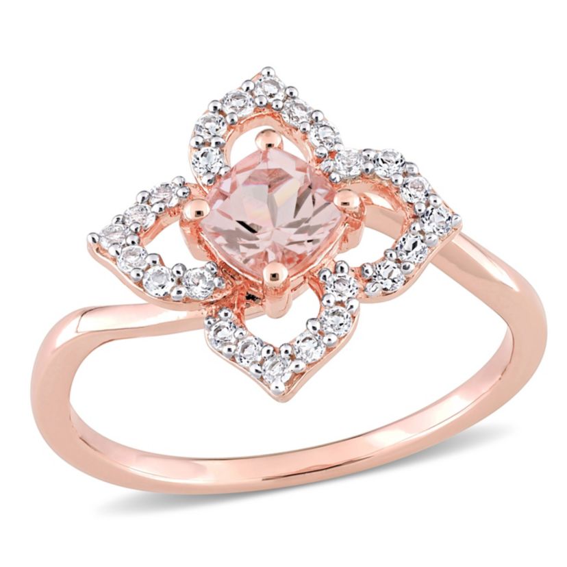 Morganite and White Topaz Floral Ring in Rose Plated Sterling Silver