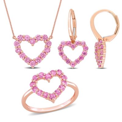 Belk & Co 3- Pcs Set of Pink Sapphire Open Heart Ring, Earring and Pendant with Chain in 10K Rose Gold, 6