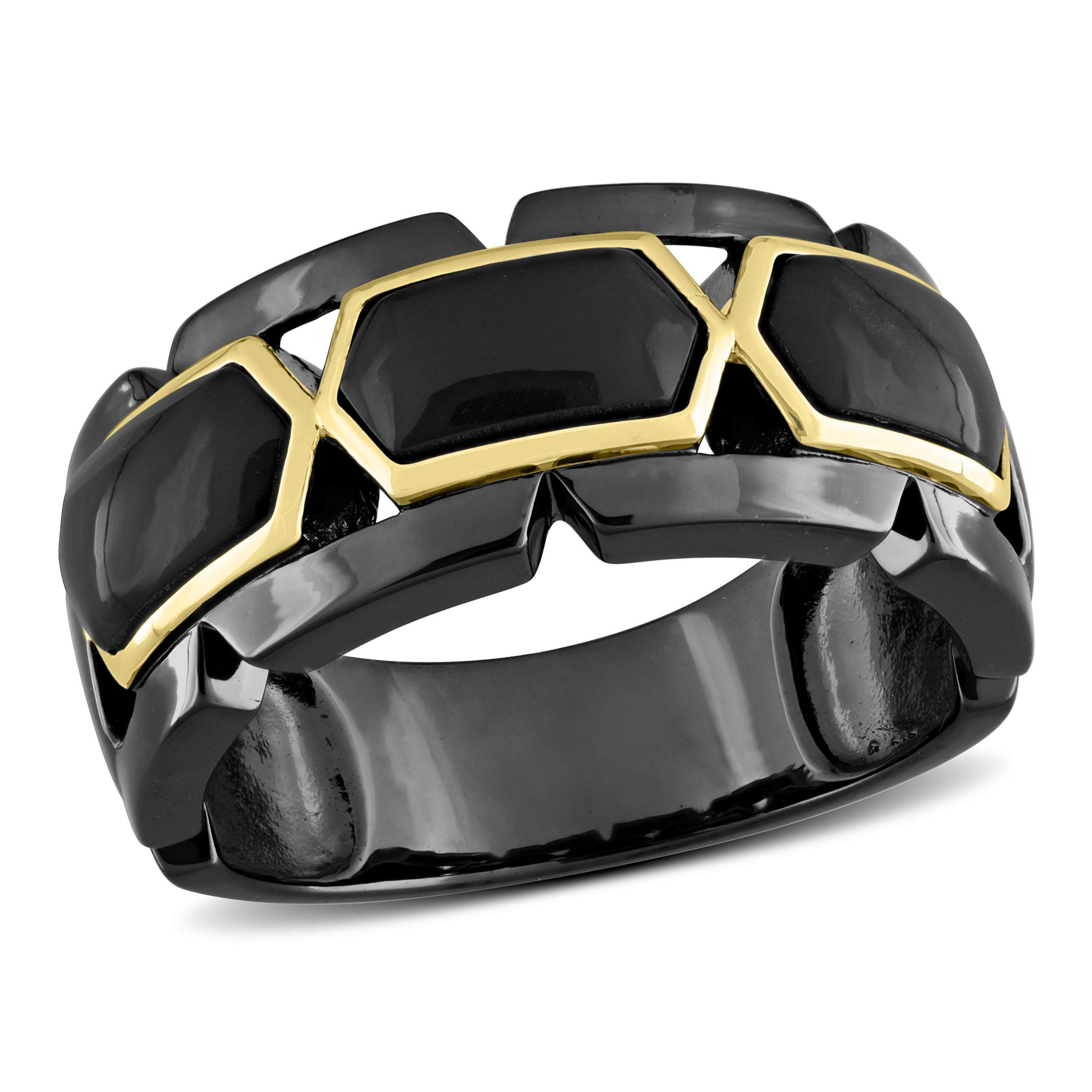 Black Onyx Mens Ring in Yellow Plated Sterling Silver with Black Rhodium Plated