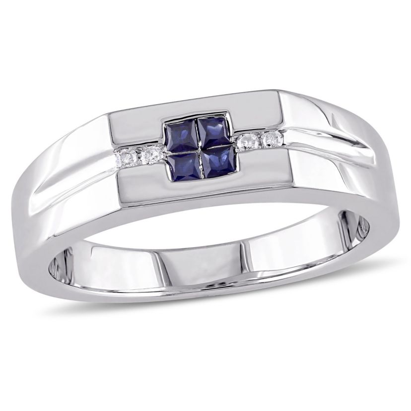 1/10 ct. t.w. Diamond and Sapphire Mens Ring in Sterling Silver