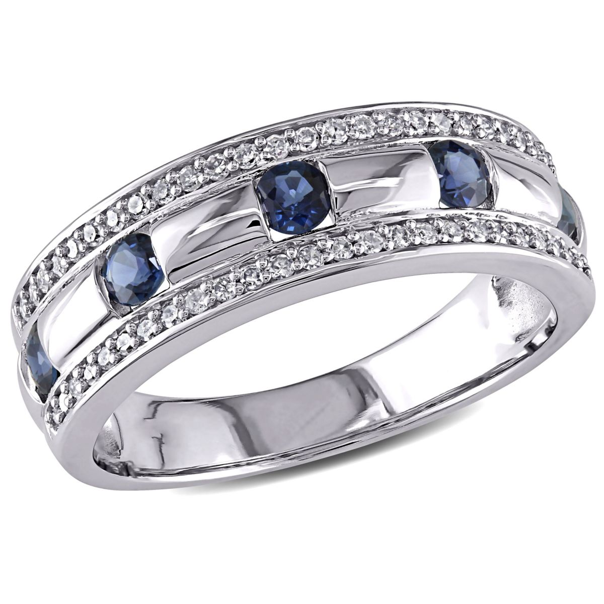 1/4 ct. t.w. Diamond and Sapphire Wedding Band Ring in 10K White Gold