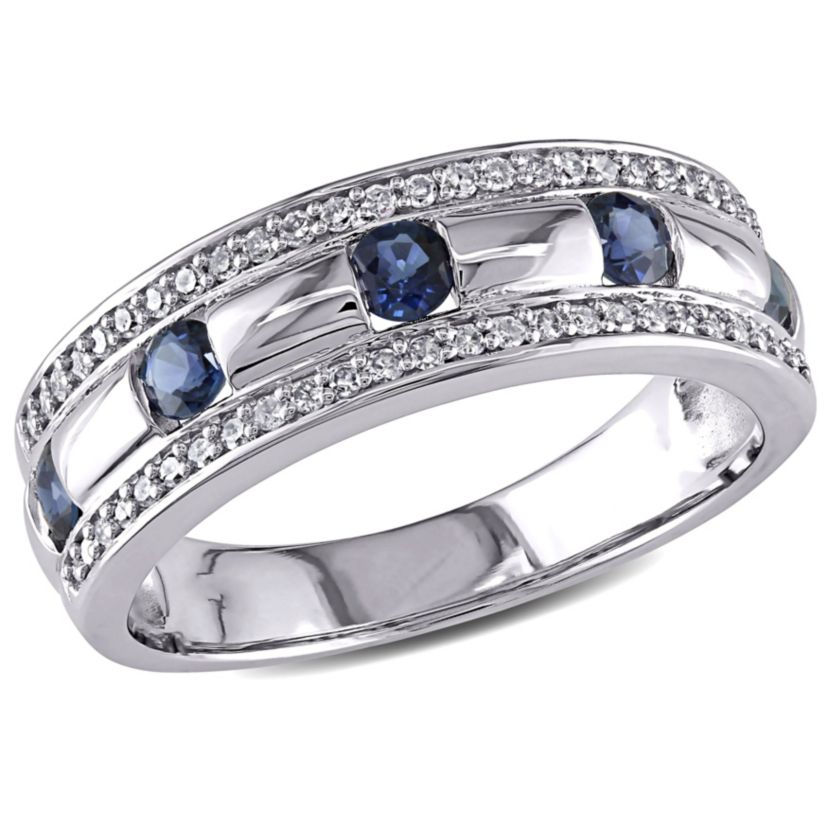 1/4 ct. t.w. Diamond and Sapphire Wedding Band Ring in 10K White Gold