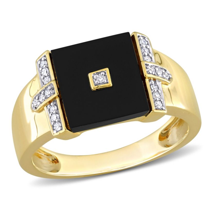 1/10 ct. t.w. Diamond and Black Onyx Mens Ring in Yellow Plated Sterling Silver