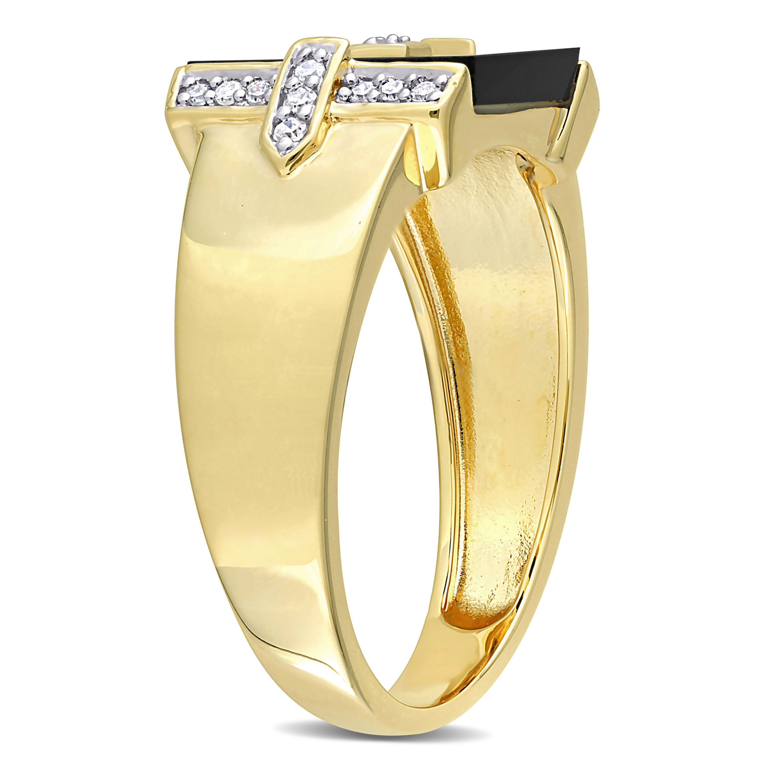 1/10 ct. t.w. Diamond and Black Onyx Mens Ring in Yellow Plated Sterling Silver