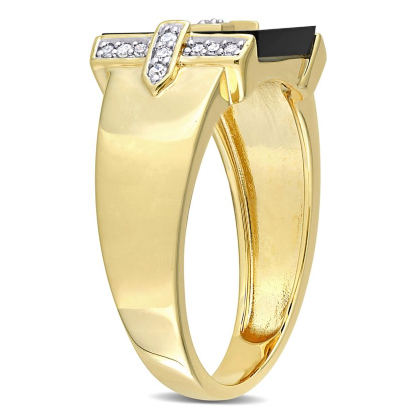 1/10 ct. t.w. Diamond and Black Onyx Mens Ring in Yellow Plated Sterling Silver