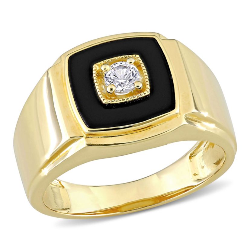 Lab Created Black Onyx and Created White Sapphire Mens Ring in Yellow Plated Sterling Silver