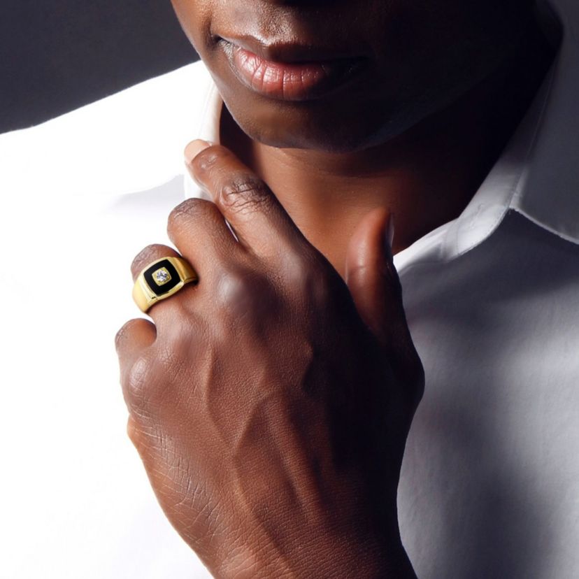 Lab Created Black Onyx and Created White Sapphire Mens Ring in Yellow Plated Sterling Silver