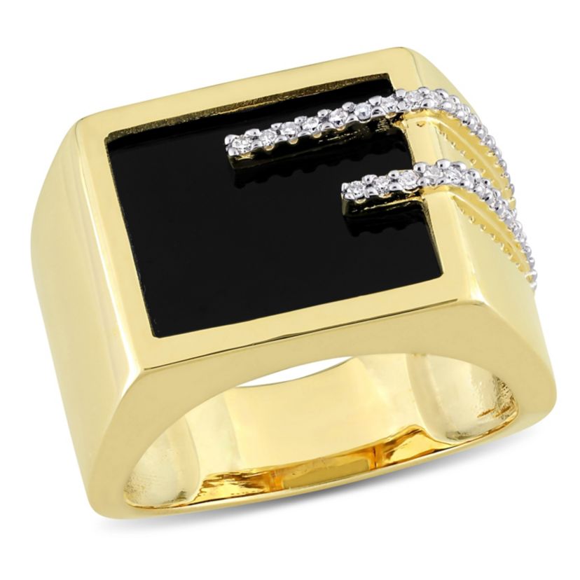 1/6 ct. t.w. Diamond and Black Onyx Mens Ring in Yellow Plated Sterling Silver