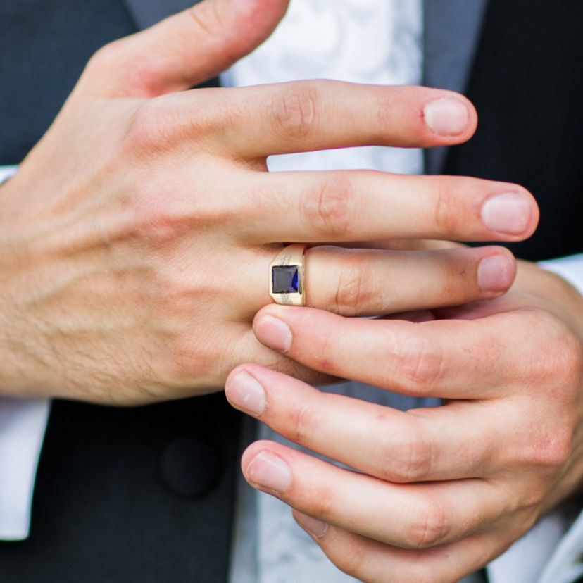 Lab Created 1/10 ct. t.w. Diamond and Created Blue Sapphire Mens Ring in 10K Yellow Gold