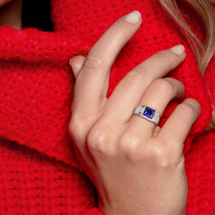 Lab Created Created Blue and Created White Sapphire Mens Ring in 10K White Gold