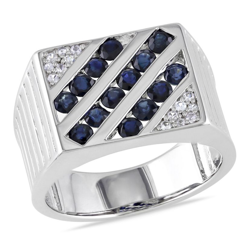 Blue and White Sapphire Mens Ring in Sterling Silver