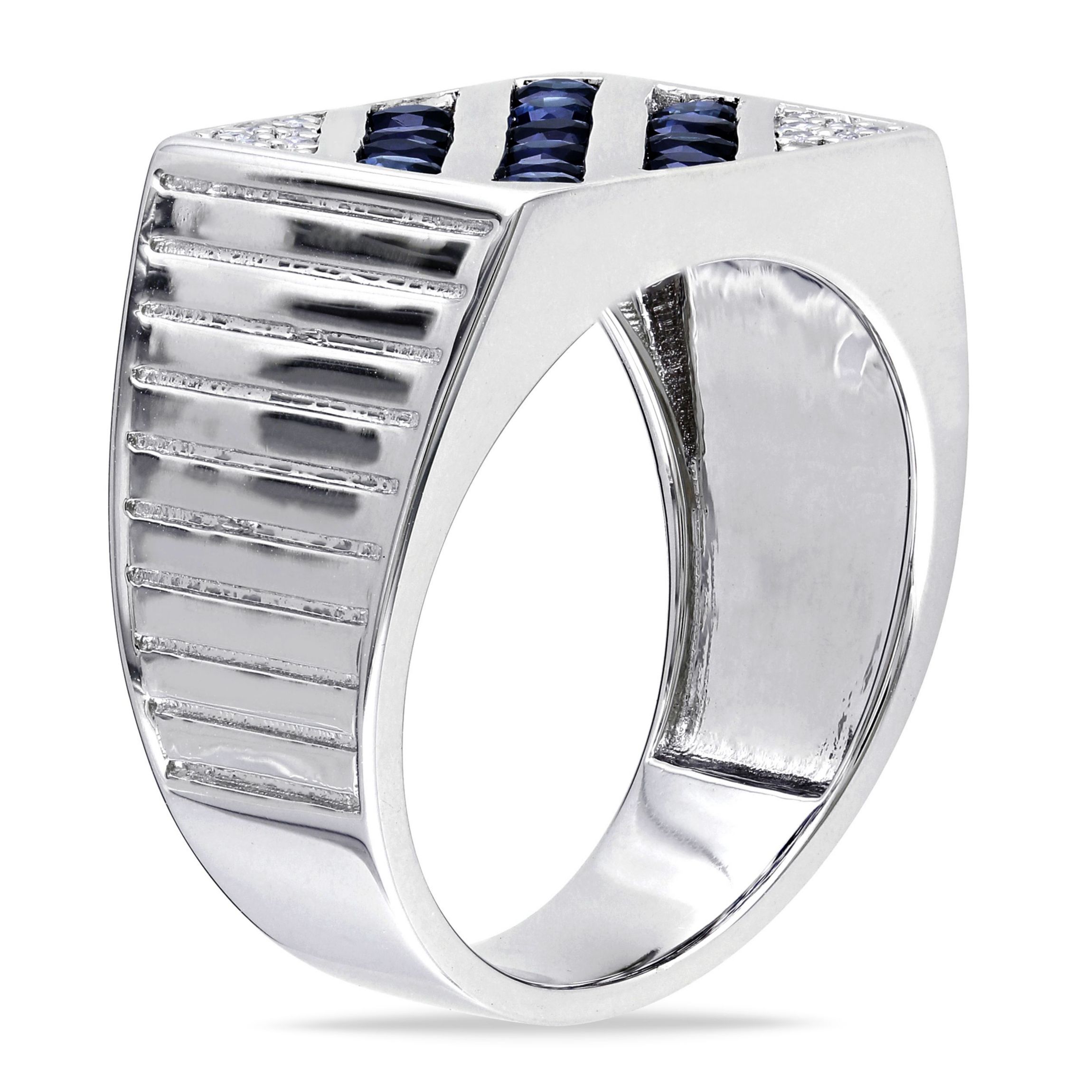 Blue and White Sapphire Mens Ring in Sterling Silver