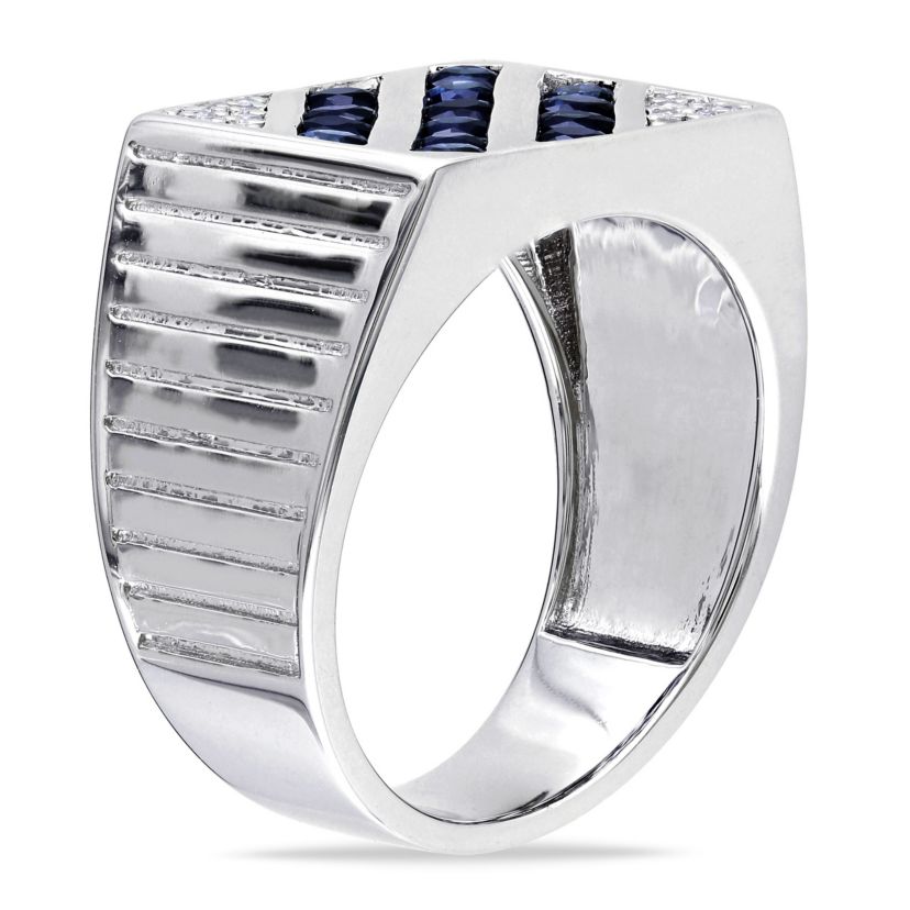 Blue and White Sapphire Mens Ring in Sterling Silver