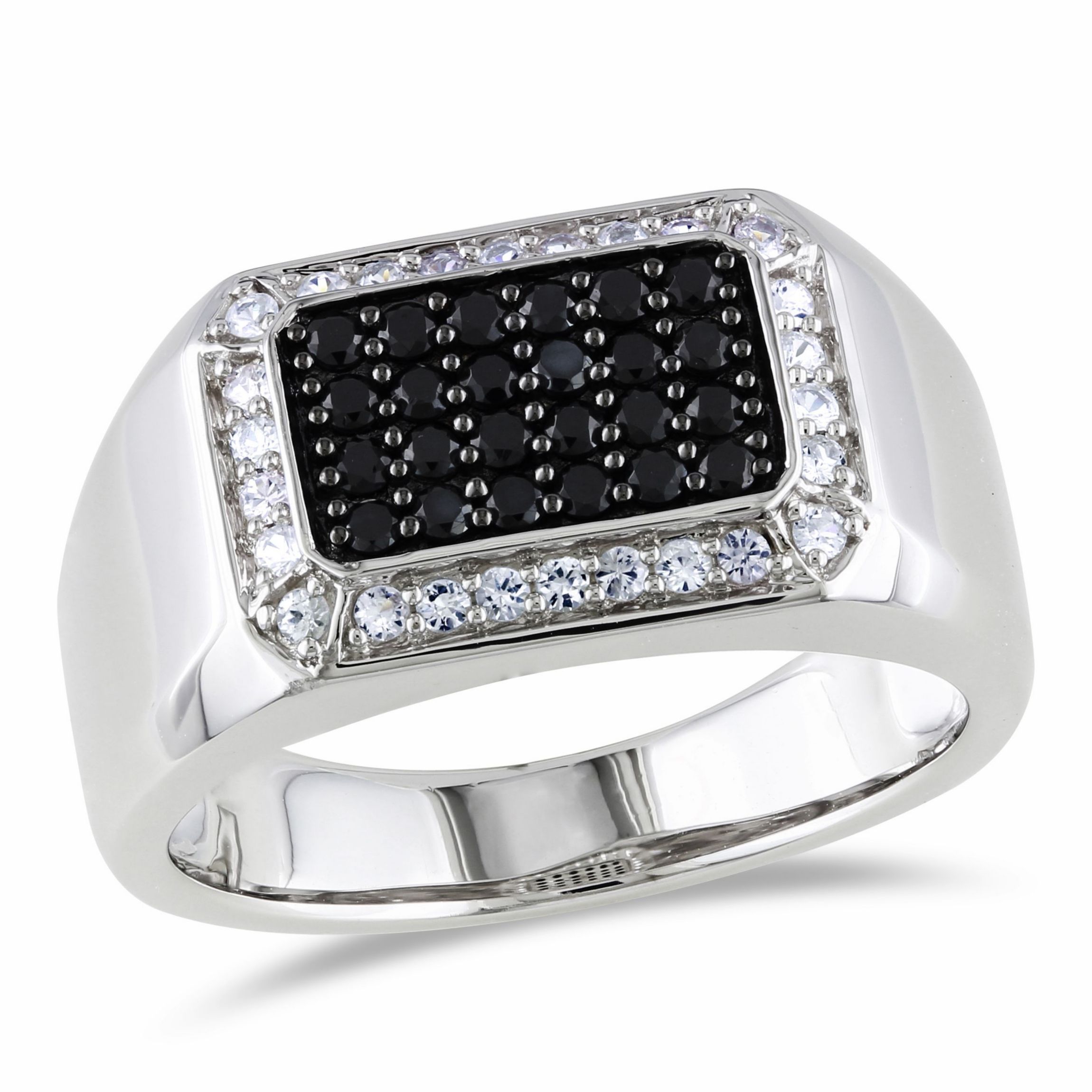 Black Spinel and White Sapphire Mens Ring in Sterling Silver with Black Rhodium Plated