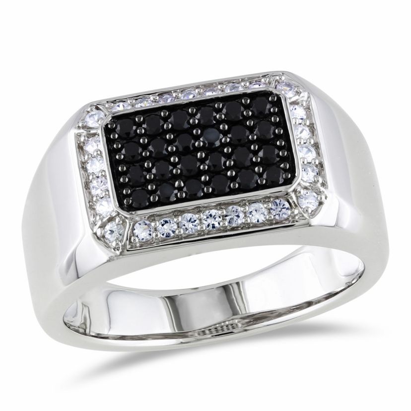 Black Spinel and White Sapphire Mens Ring in Sterling Silver with Black Rhodium Plated