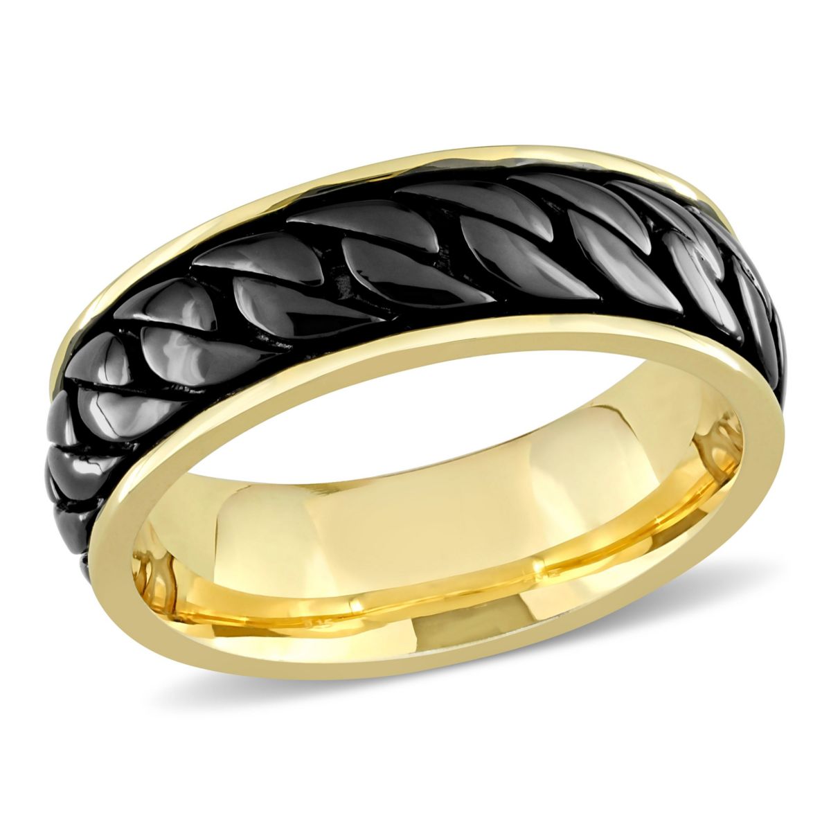 Ribbed Design Mens Ring in Yellow Plated Sterling Silver with Black Rhodium Plated
