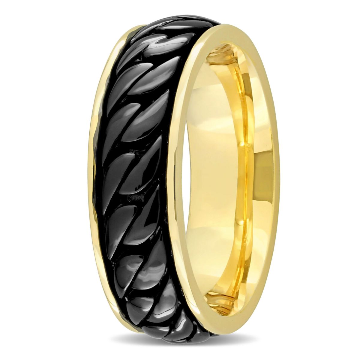 Ribbed Design Mens Ring in Yellow Plated Sterling Silver with Black Rhodium Plated
