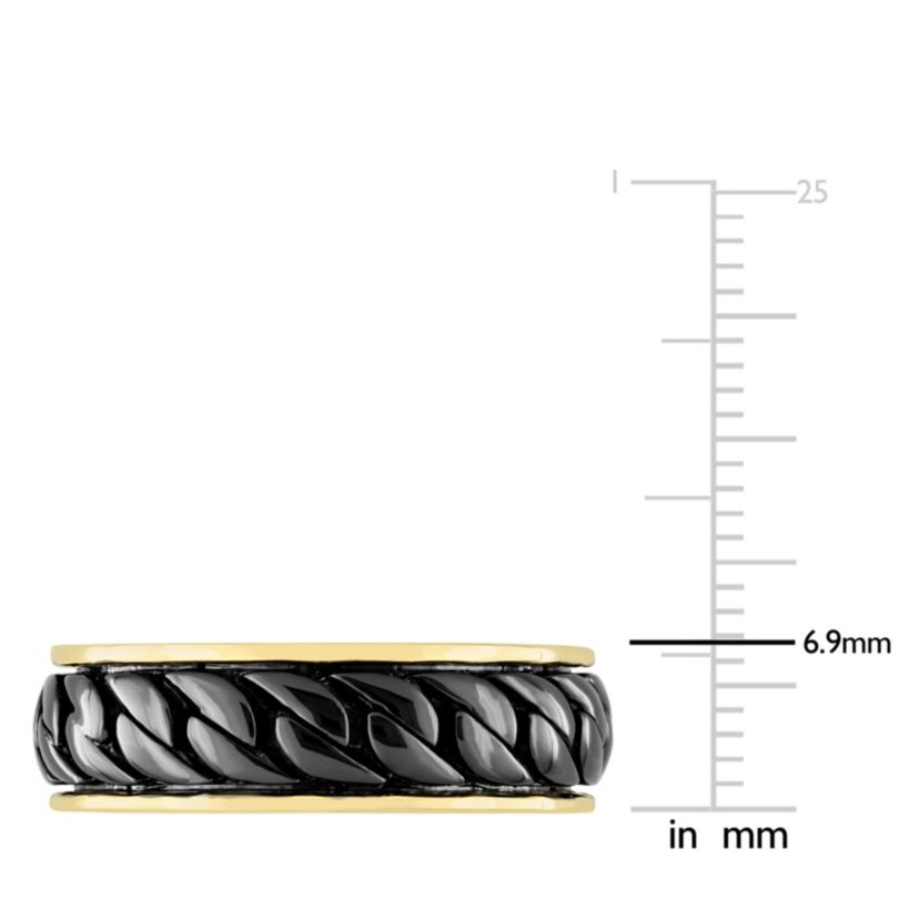Ribbed Design Mens Ring in Yellow Plated Sterling Silver with Black Rhodium Plated