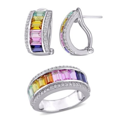 Belk & Co Lab Created 2 Piece Set of Multi-Color Sapphire Earrings & Ring in Sterling Silver, White, 7.5