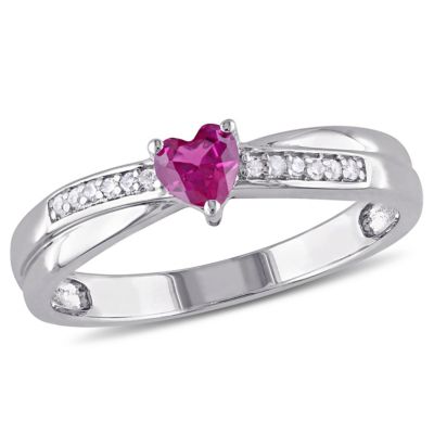 Belk & Co Lab Created Ruby and Diamond Accent Heart Ring in Sterling Silver, White, 4.5