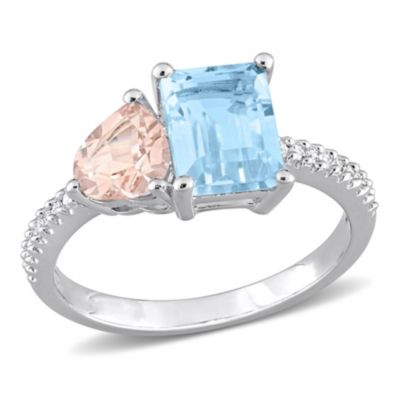 Belk & Co Sky-Blue Topaz, Morganite and 1/10 ct. t.w. Diamond "Toi et Moi" Ring in Sterling Silver, White, 9