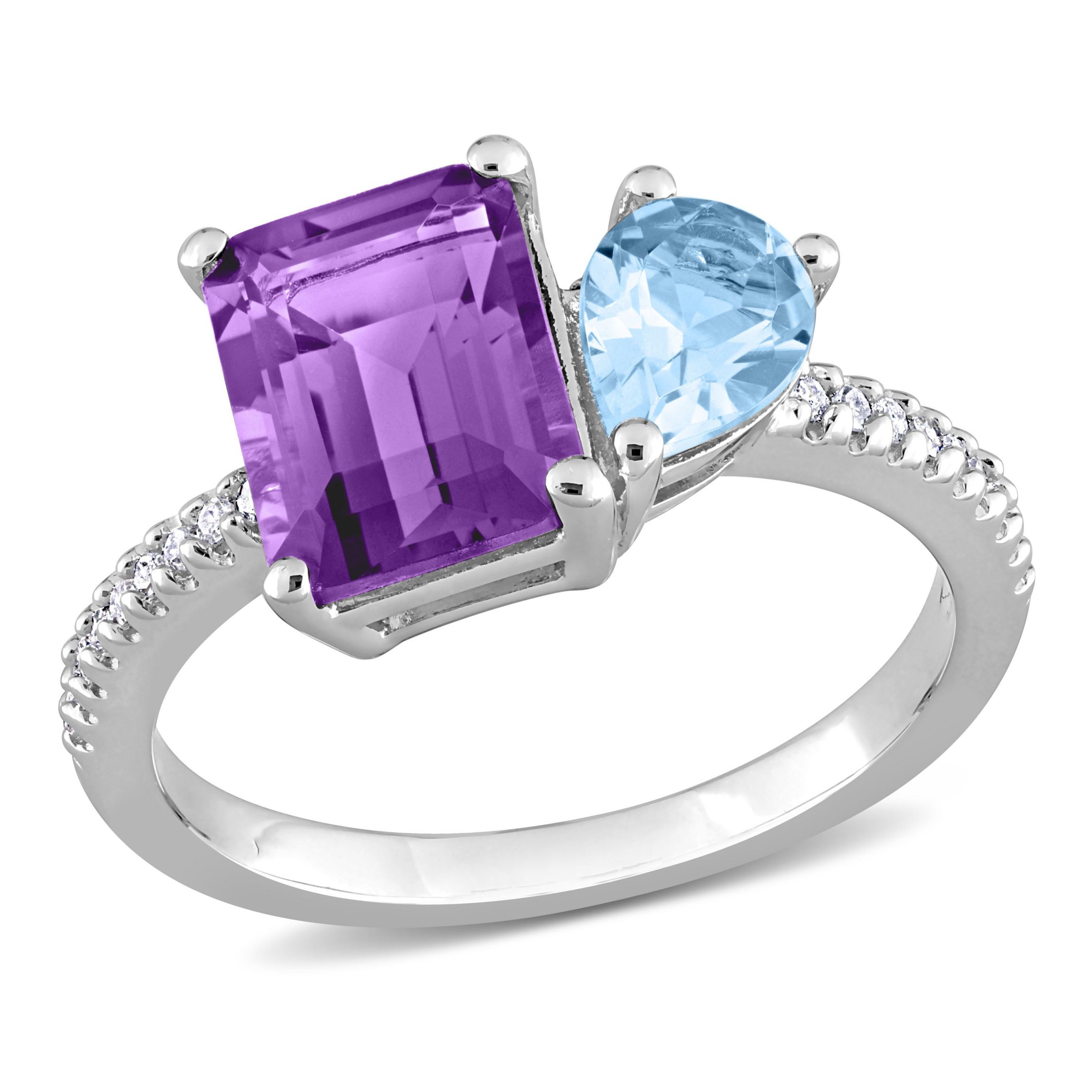 Sky-Blue Topaz, Amethyst and 1/10 ct. t.w. Diamond "Toi et Moi" Ring in Sterling Silver