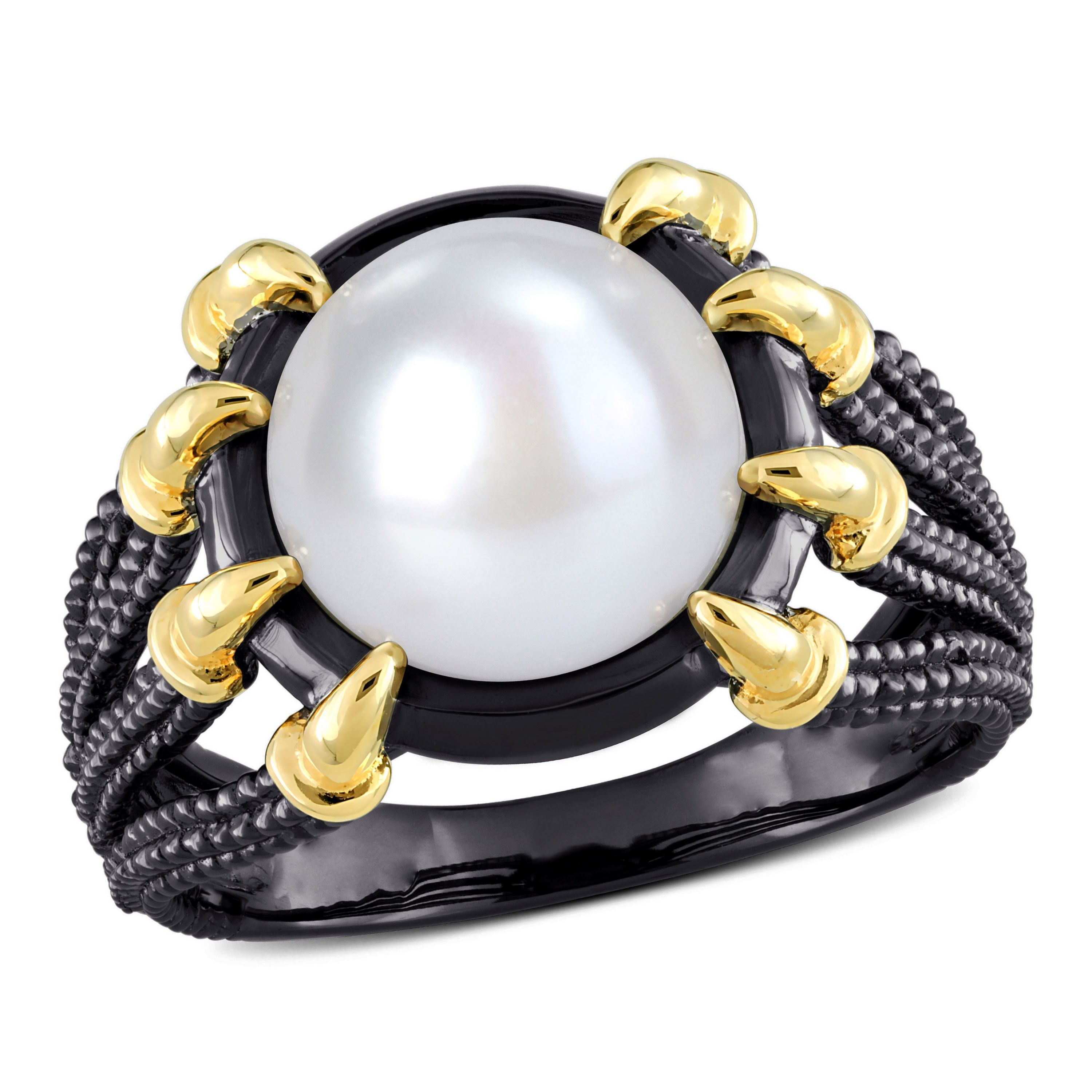 Freshwater Cultured Pearl Ring in Yellow Plated Sterling Silver with Black Rhodium Plated