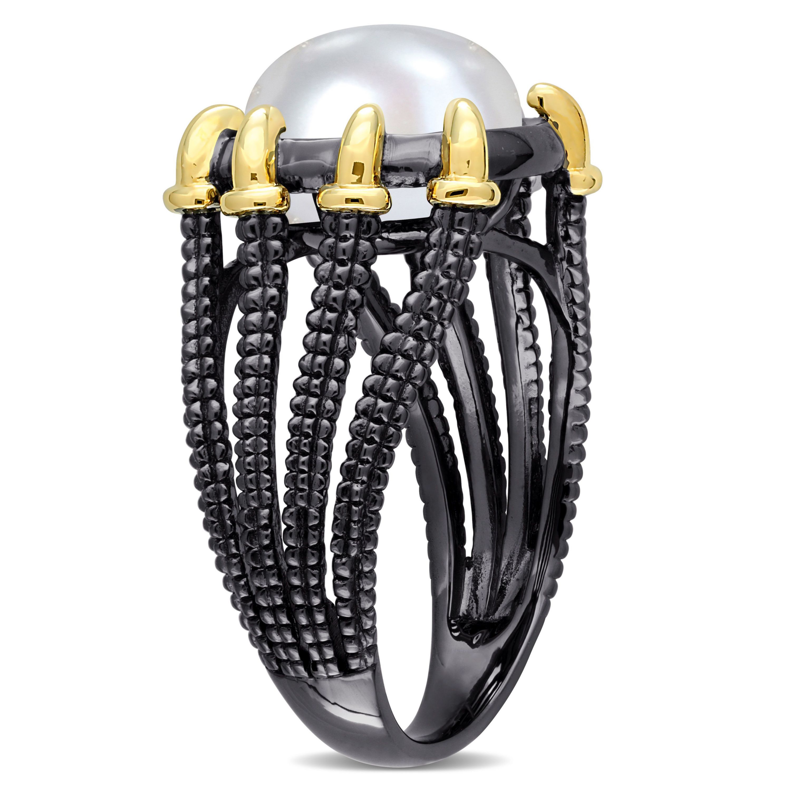 Freshwater Cultured Pearl Ring in Yellow Plated Sterling Silver with Black Rhodium Plated