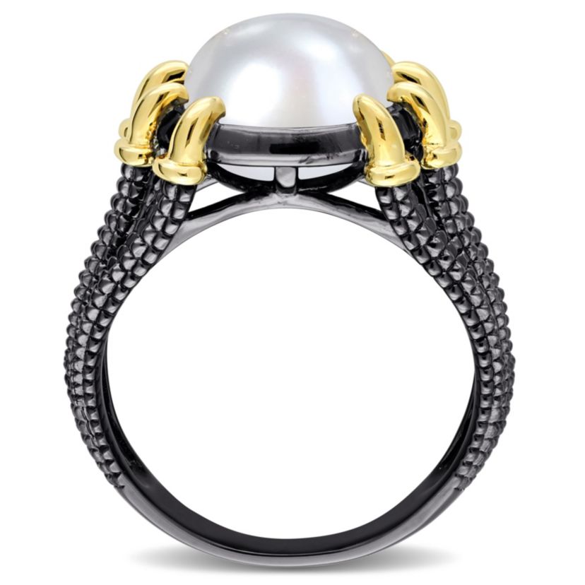 Freshwater Cultured Pearl Ring in Yellow Plated Sterling Silver with Black Rhodium Plated