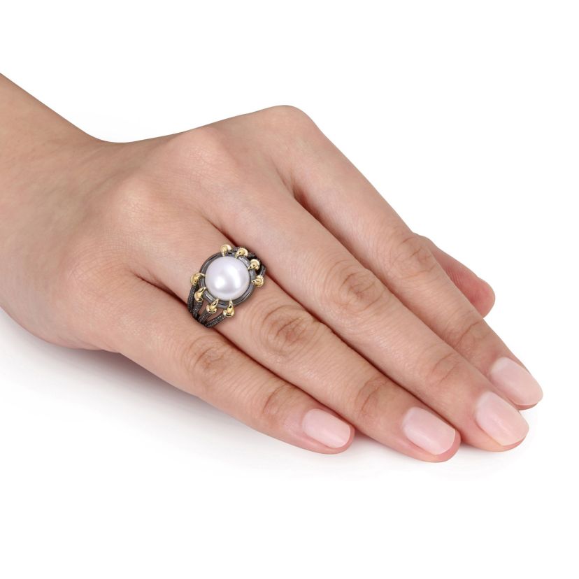 Freshwater Cultured Pearl Ring in Yellow Plated Sterling Silver with Black Rhodium Plated