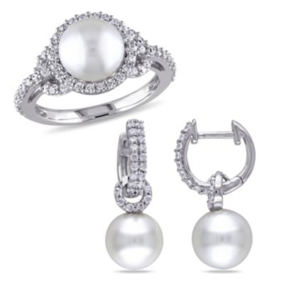 Belk & Co 2 Piece Set of 8-9mm Freshwater Cultured Pearl and 2 1/10 ct. t.g.w. Cubic Zirconia Ring and Earrings in Sterling Silver, White, 4.5 -  0075000699813