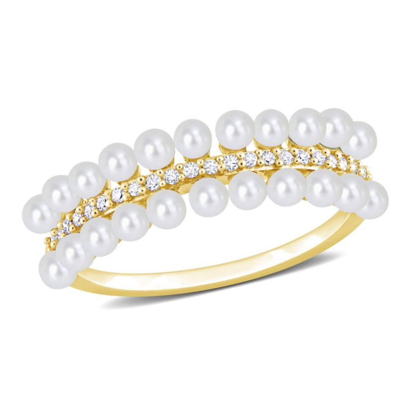 Freshwater Cultured Pearl and 1/10 ct. t.w. Diamond Multi-Row Ring in 10K Yellow Gold