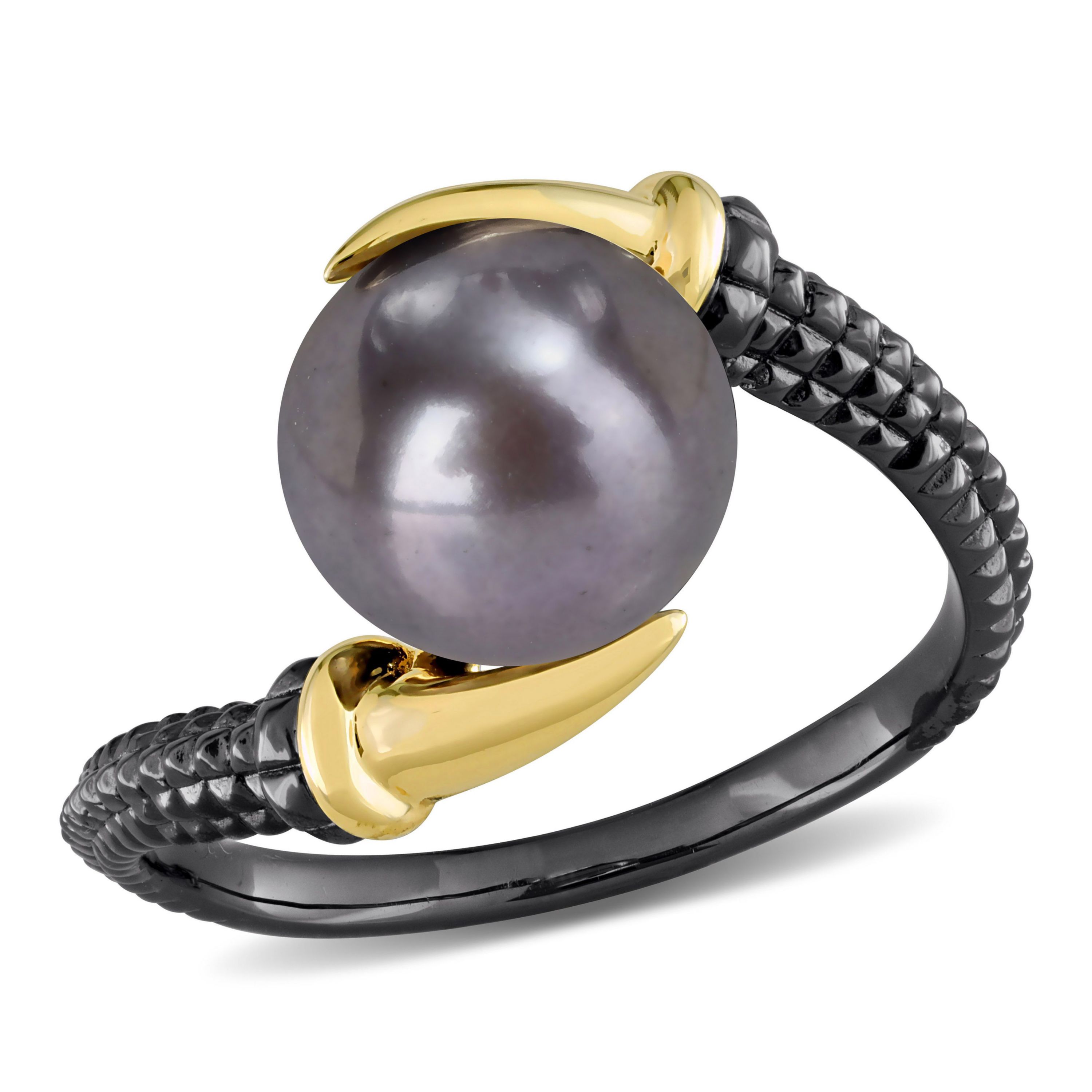 Black Freshwater Cultured Pearl Crossover Ring in Yellow Plated Sterling Silver with Black Rhodium Plated