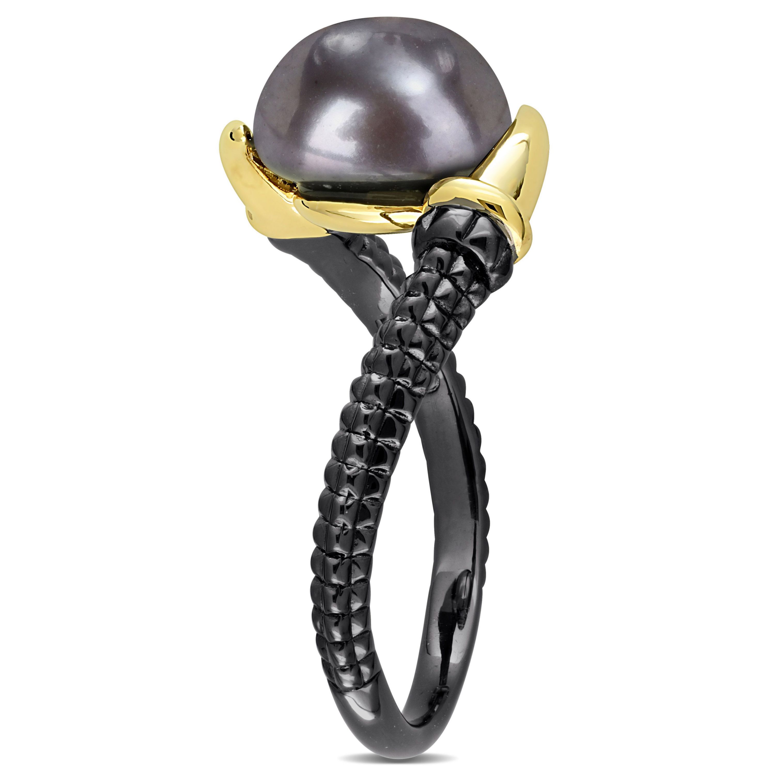 Black Freshwater Cultured Pearl Crossover Ring in Yellow Plated Sterling Silver with Black Rhodium Plated
