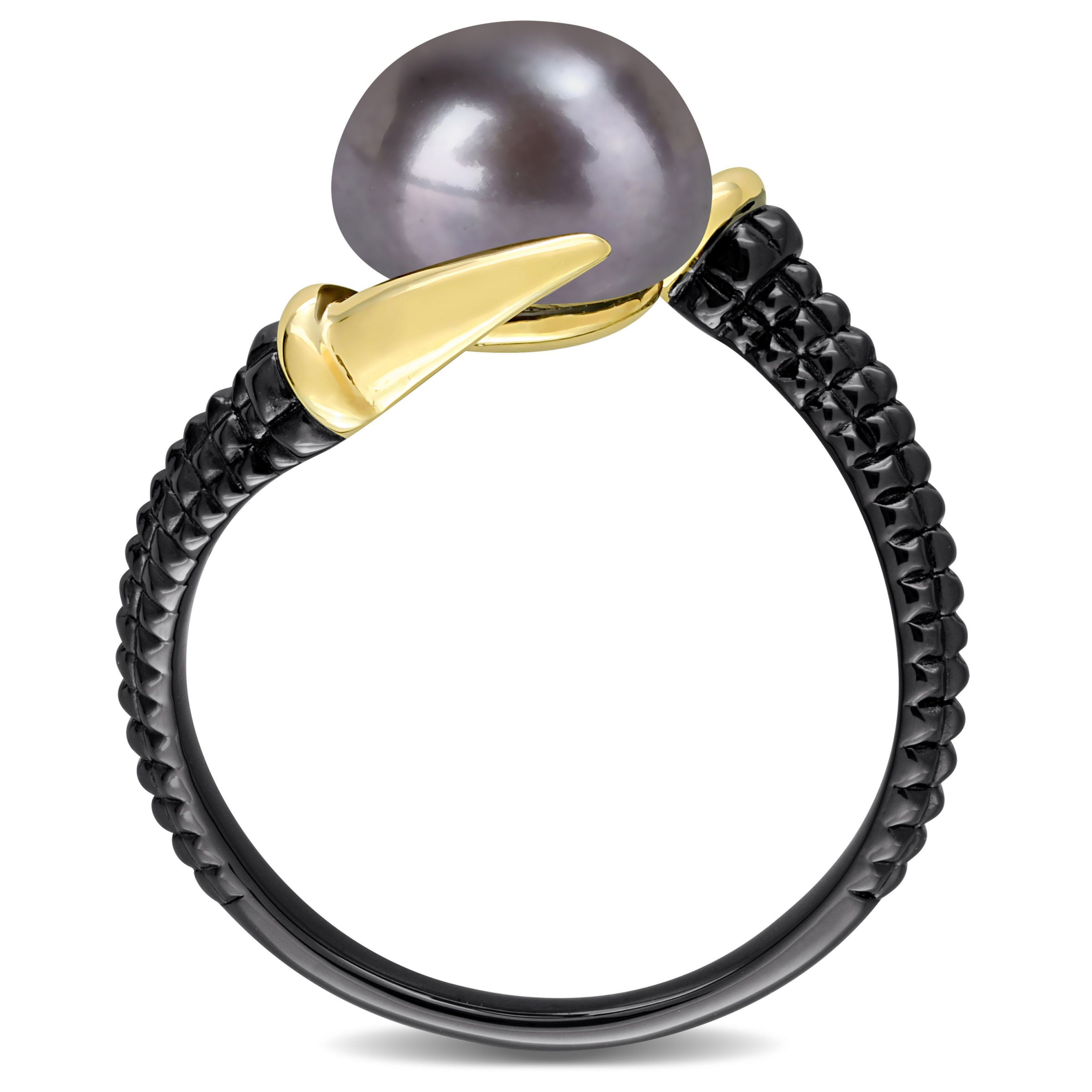 Black Freshwater Cultured Pearl Crossover Ring in Yellow Plated Sterling Silver with Black Rhodium Plated
